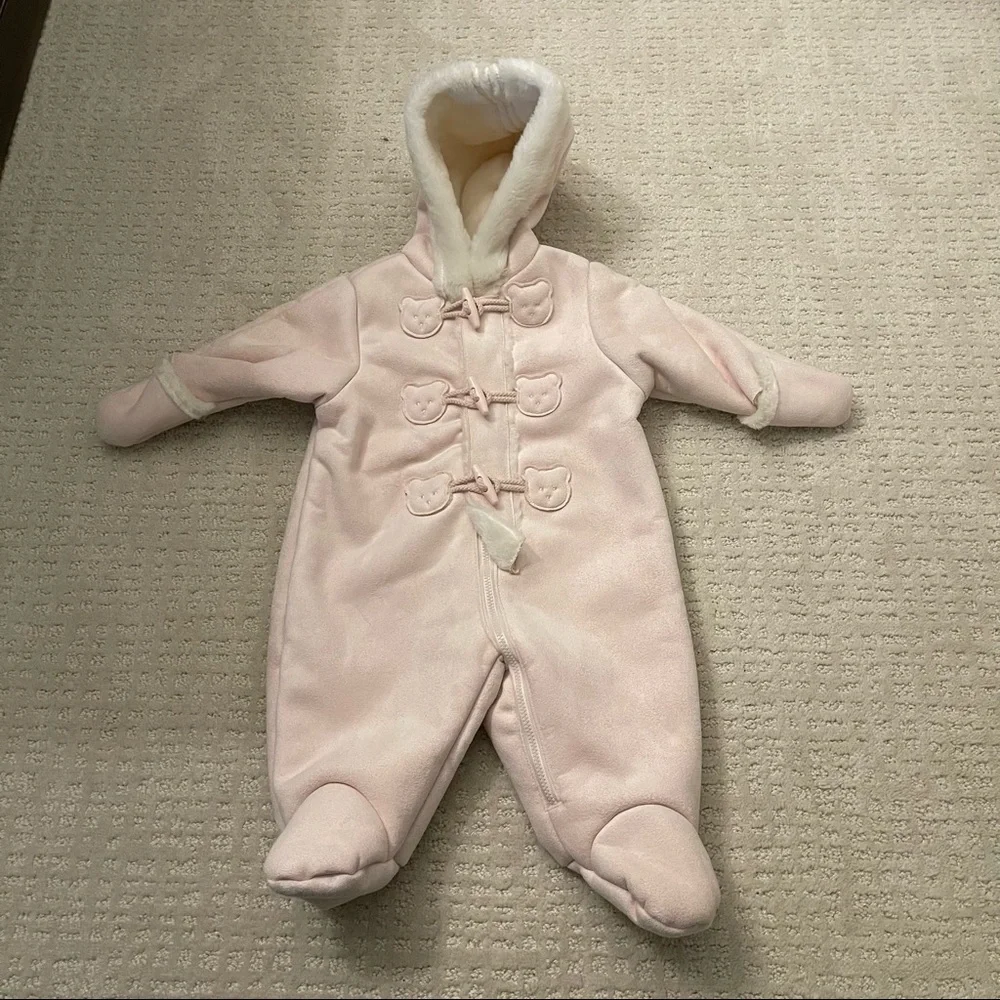 Snow suit baby 0-3 months sueded fabric pink bears